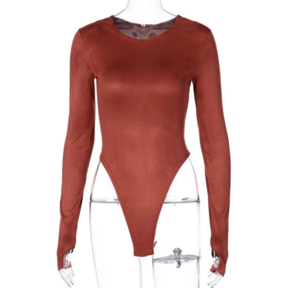 New Red Long Sleeve Thong Back High Cut Leg Bodysuit - Picture 6 of 6